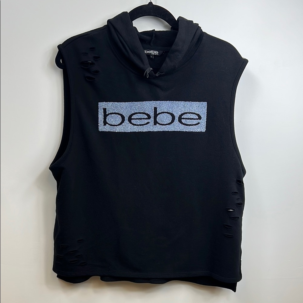 Bebe Sport Sleeveless Black Grunge Hoodie with textured Logo Large - Picture 6 of 15